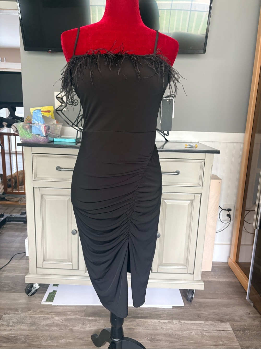 NWT City Studio Black Feather-Trim Ruched Midi Dress